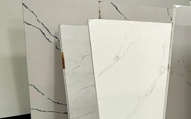 White slabs with gray veining leaning side by side