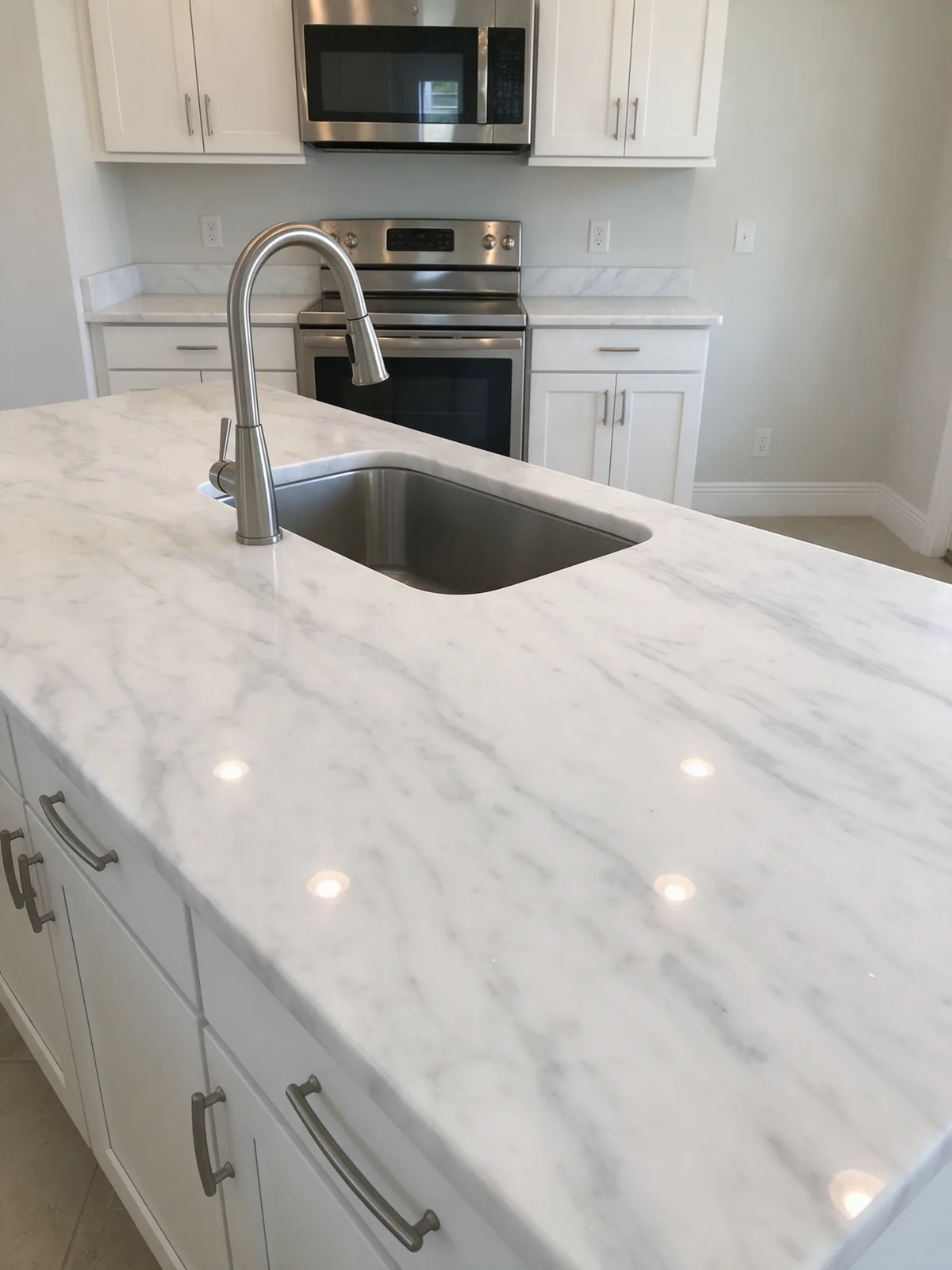 White marble kitchen island with soft gray veining and an undermount sink