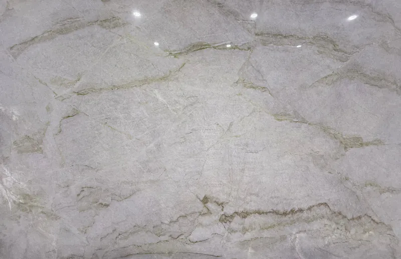Taj Mahal quartzite, slab AC-10: a full slab in light gray with sage and taupe veins