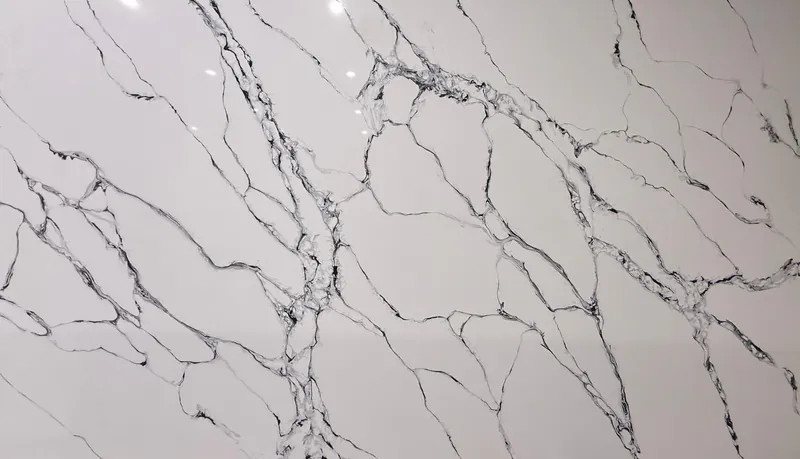 Calacatta Black quartz, slab AC-15: a full slab in white with bold black web veining