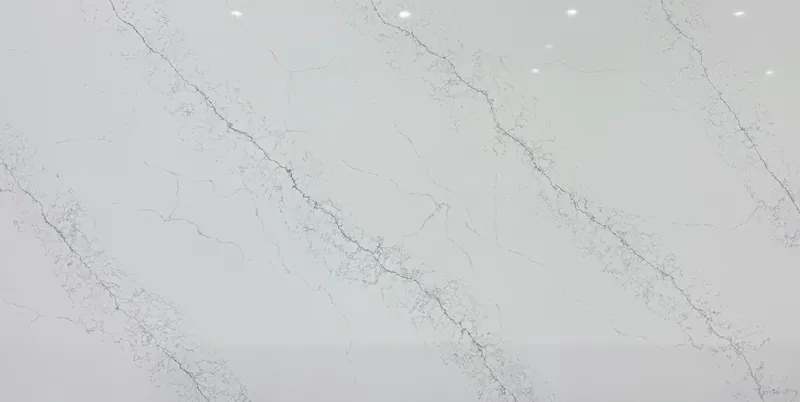 Calacatta Capria quartz, slab AC-22: a full slab in white with lacy gray diagonal veins
