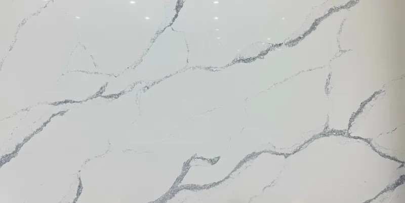 Soothing Silver quartz, slab AC-26: a full slab in white with bold textured gray veins