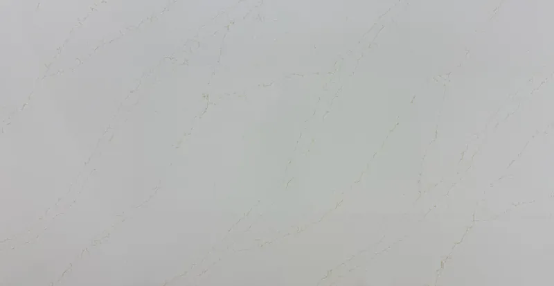 Calacatta Venatino Gold quartz, slab AC-27: a full slab in warm white with fine gold hairline veins